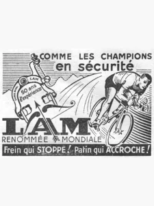 LAM advertisement from L'Officiel du cycle, 5 January 1957, page 12: a drawing of a caliper brake, enlarged and tilted across the upper left with its arch and shoes in plain line, faces a road racer crouched over his bicycle on a sweeping road with mountains behind; an arrow with a feathered tail rises from below the LAM logotype into the brake’s arch, and the slogan is reversed out of a black band at the foot.