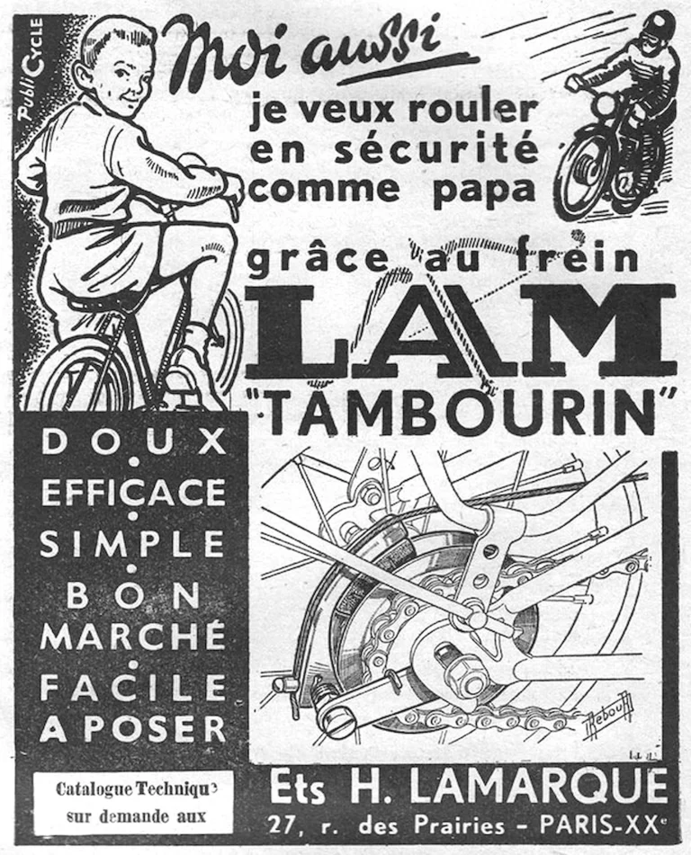 LAM 1957 Advertisement — The Tambourin Brake, Drawn by Daniel Rebour — page 1 of 1