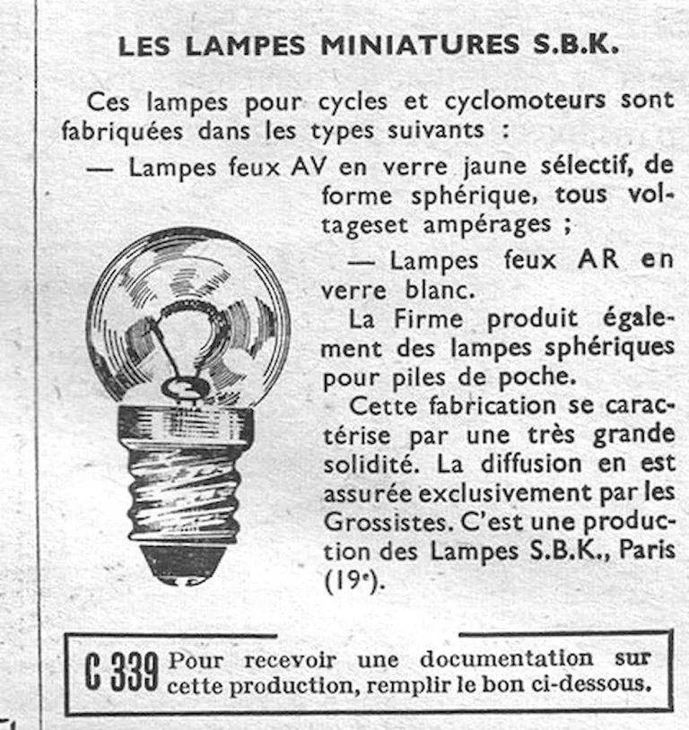 Les Lampes miniatures S.B.K. — L'Officiel du cycle, 13 April 1957 — page 1 of 1