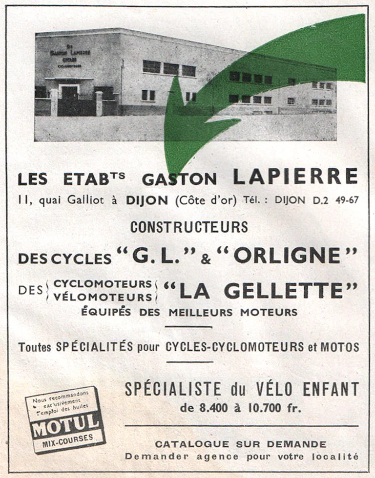 Lapierre 1957 Advertisement — G.L. and Orligne Cycles, Gaston Lapierre of Dijon — page 1 of 1