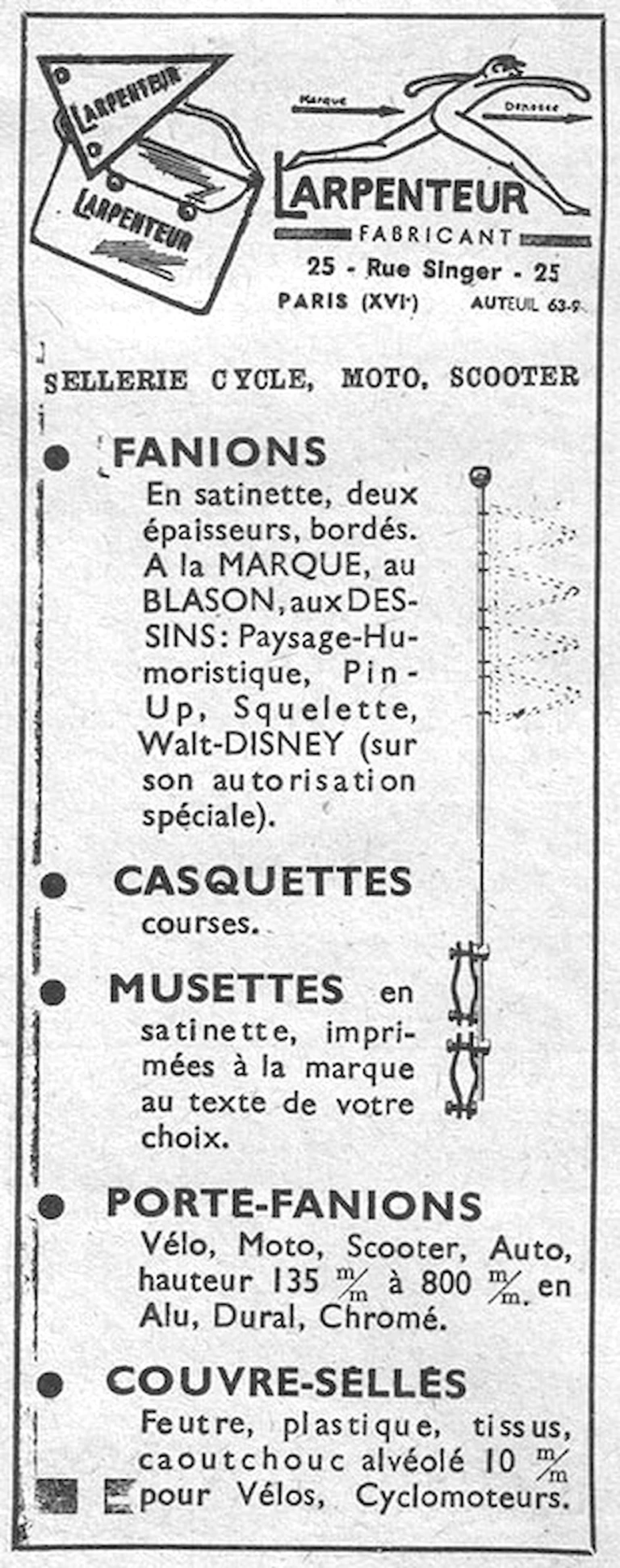 Larpenteur 1957 Advertisement — Pennants, Musettes and Saddle Covers for Cycles — page 1 of 1