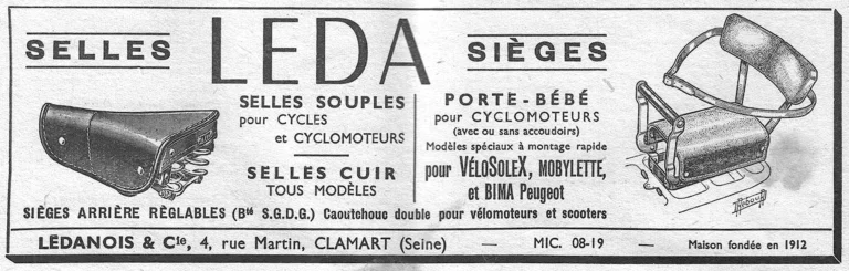 Leda June 1957 Advertisement — Saddles for Cycles and Cyclomoteurs and a Child Seat, Drawn by Daniel Rebour — page 1 of 1