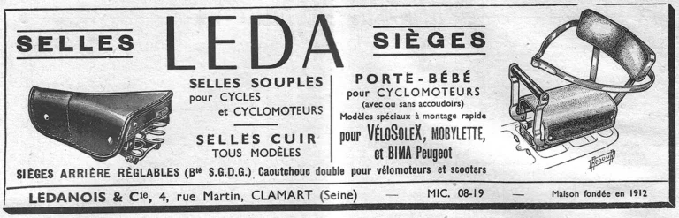 Leda July 1957 Advertisement — Saddles for Cycles and Cyclomoteurs and a Child Seat, Drawn by Daniel Rebour — page 1 of 1