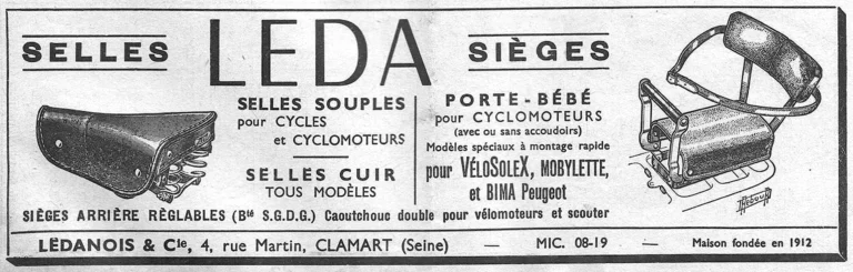 Leda 1957 Advertisement — Saddles for Cycles and Cyclomoteurs and a Child Seat — page 1 of 1