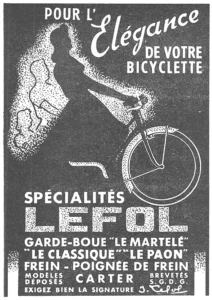 Lefol advertisement from L'Officiel du cycle, 13 April 1957: a woman drawn as a black silhouette against a stippled white halo rides a bicycle whose white front wheel and mudguard stand out on a black ground, with the outline of a chaincase traced in the halo behind her and a curved mudguard stay drawn at her feet.