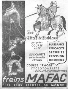 Mafac advertisement from L'Officiel du cycle, 8 June 1957, page 28: a knight in armor on a caparisoned horse, his shield lettered with the word for quality, couches a lance that runs to a brake lever drawn in a dark panel at the left, where the cable leads down past Mafac cable hangers to a cantilever brake and a centerpull brake; the drawing is signed by Rebour.