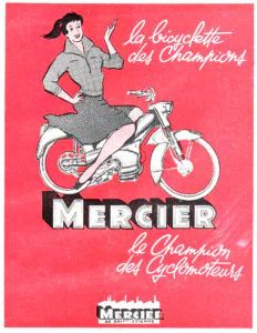 Mercier advertisement from L'Officiel du cycle, 7 December 1957, page 11: a smiling young woman with a ponytail, in a checked blouse and a dark dotted skirt, sits sidesaddle on a Mercier cyclomoteur and waves.