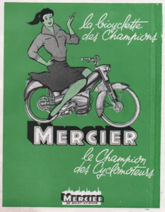 Mercier advertisement from L'Officiel du cycle, 23 November 1957, page 39: a smiling young woman with a ponytail, in a checked blouse and a dark polka-dot skirt, sits sidesaddle on a Mercier cyclomoteur and waves, drawn on a solid green field with script slogans above and below a large shadowed MERCIER and the firm's small factory-roofline mark at the foot.