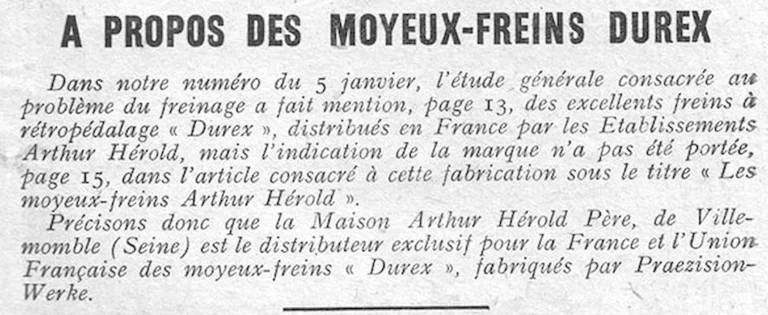 A propos des moyeux-freins Durex — L'Officiel du cycle, 2 February 1957 — page 1 of 1
