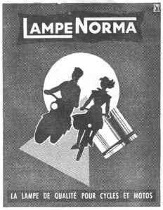 Norma advertisement from L'Officiel du cycle, 13 April 1957, page 34: Silhouettes of a man on a motorcycle and a young woman on a bicycle with a front basket ride side by side at night, both lamps lit, against a large pale full moon on a dark halftone ground.