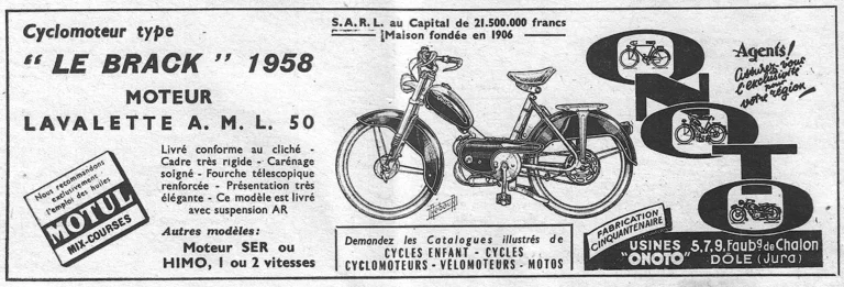 Onoto December 1957 Advertisement — The Le Brack 1958 Cyclomoteur, with Catalogs of Cycles, Drawn by Daniel Rebour — page 1 of 1