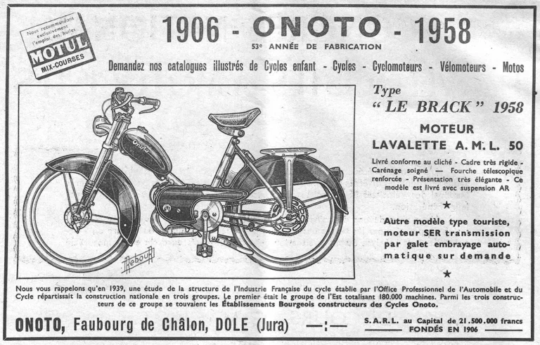 Onoto 1957 Advertisement — 1906 to 1958, Cycles and the Le Brack Cyclomoteur — page 1 of 1
