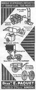 Paquet advertisement from L'Officiel du cycle, 2 February 1957, page 21: a tall column of small line drawings shows a folding luggage trolley, a two-wheel cycle trailer, a single-wheel trailer for motorcycles or bicycles, a hooded child trailer, a baker's box carrier, a delivery tricycle, a light cart with shafts and a pair of wheels on an axle, each named by a printed caption.