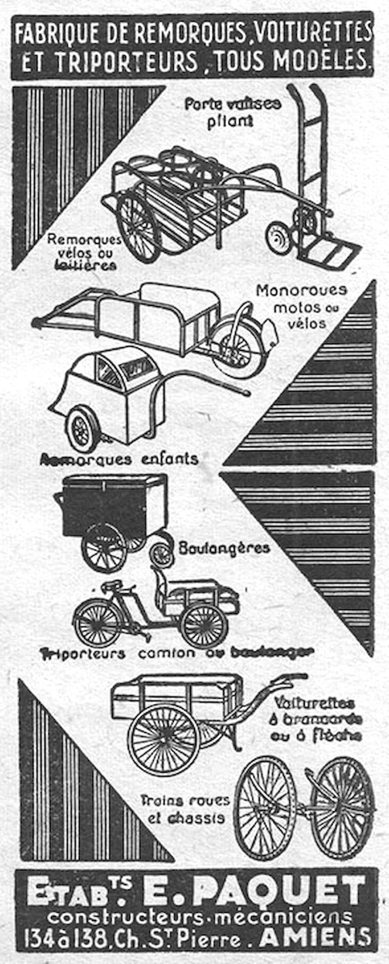 Paquet February 1957 Advertisement — Trailers, Voiturettes and Triporteurs — page 1 of 1
