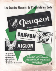 Peugeot advertisement from L'Officiel du cycle, 30 March 1957, page 2: three overlapping name panels laid across a large green zigzag and a dotted green wedge present the Peugeot, Griffon and Aiglon marques.