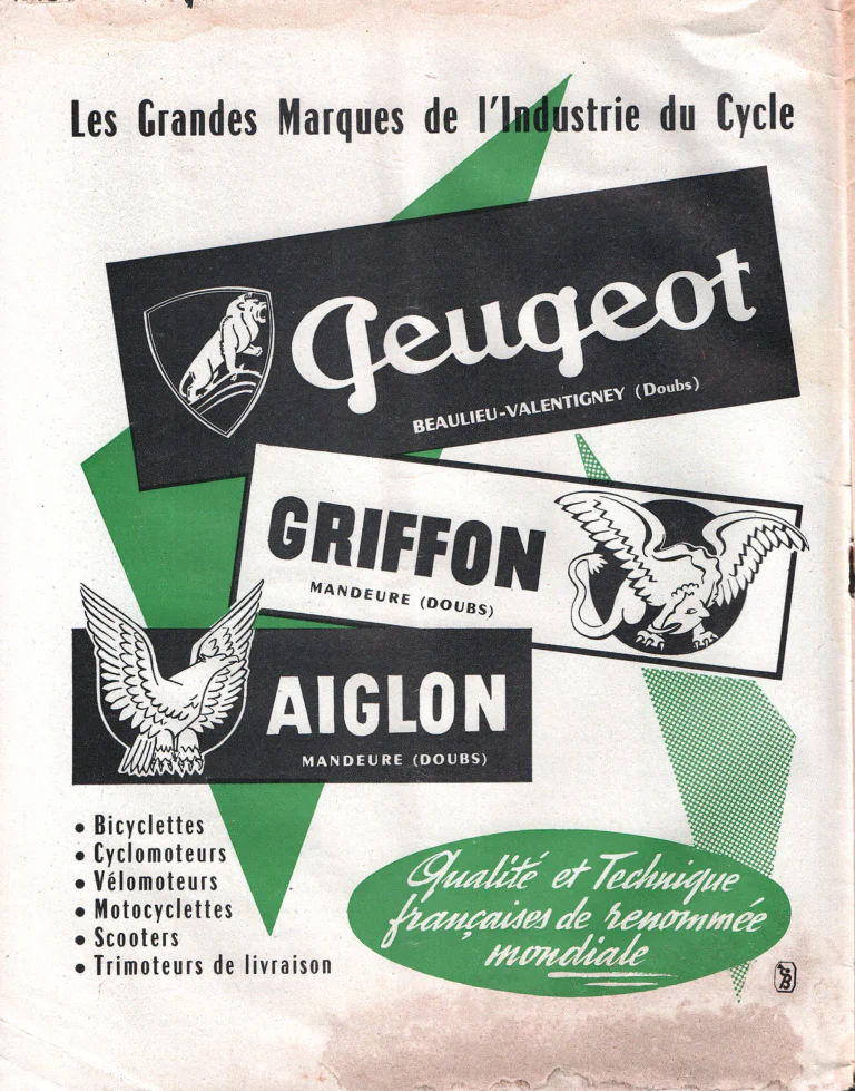 Peugeot March 1957 Advertisement — Peugeot, Griffon and Aiglon, the Great Makes of the Cycle Industry — page 1 of 1