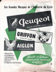 Peugeot advertisement from L'Officiel du cycle, 13 April 1957, page 2: three overlapping name panels on a large green chevron present the Peugeot, Griffon and Aiglon marques: a black panel with the Peugeot script name and the rampant lion in a shield, a white panel with the Griffon name and a winged griffin in a black disk, and a black panel with the Aiglon name and a spread-winged eagle.