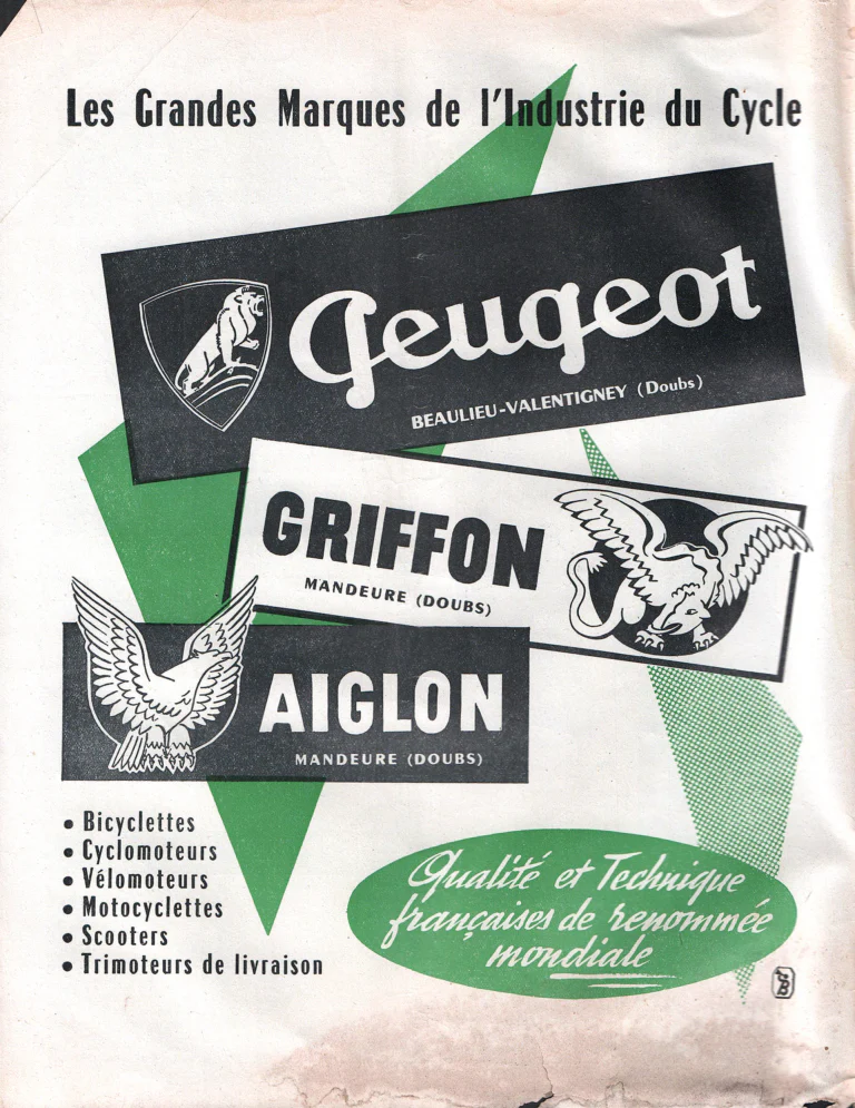Peugeot April 1957 Advertisement — Peugeot, Griffon and Aiglon, the Great Makes of the Cycle Industry — page 1 of 1