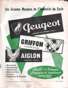 Peugeot advertisement from L'Officiel du cycle, 22 June 1957, page 39: three overlapping name panels laid across a large green zigzag and a dotted green wedge present the Peugeot, Griffon and Aiglon marques.