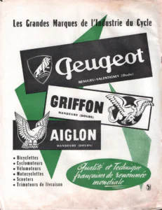 Peugeot advertisement from L'Officiel du cycle, 8 June 1957, page 2: three overlapping name panels laid across a large green zigzag and a dotted green wedge present the Peugeot, Griffon and Aiglon marques: a black panel with the Peugeot script name and the rampant lion standing on a wheel inside a shield, a white panel with the Griffon name and a winged griffin over a black disk, and a black panel with the Aiglon name and a spread-winged eagle.