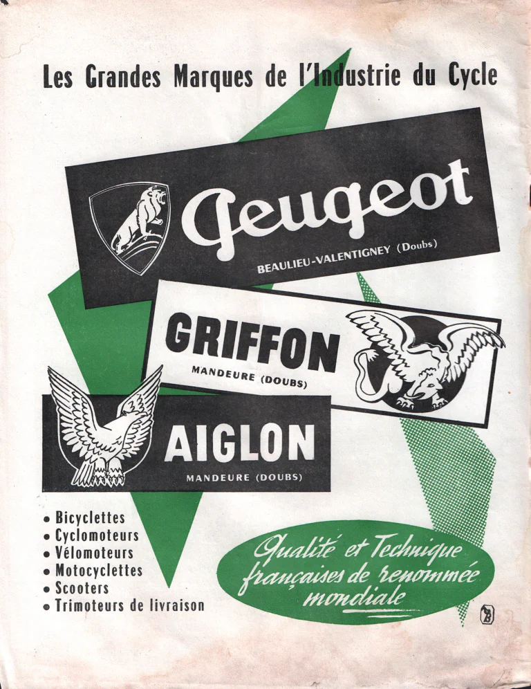 Peugeot June 1957 Advertisement — Peugeot, Griffon and Aiglon, the Great Makes of the Cycle Industry — page 1 of 1