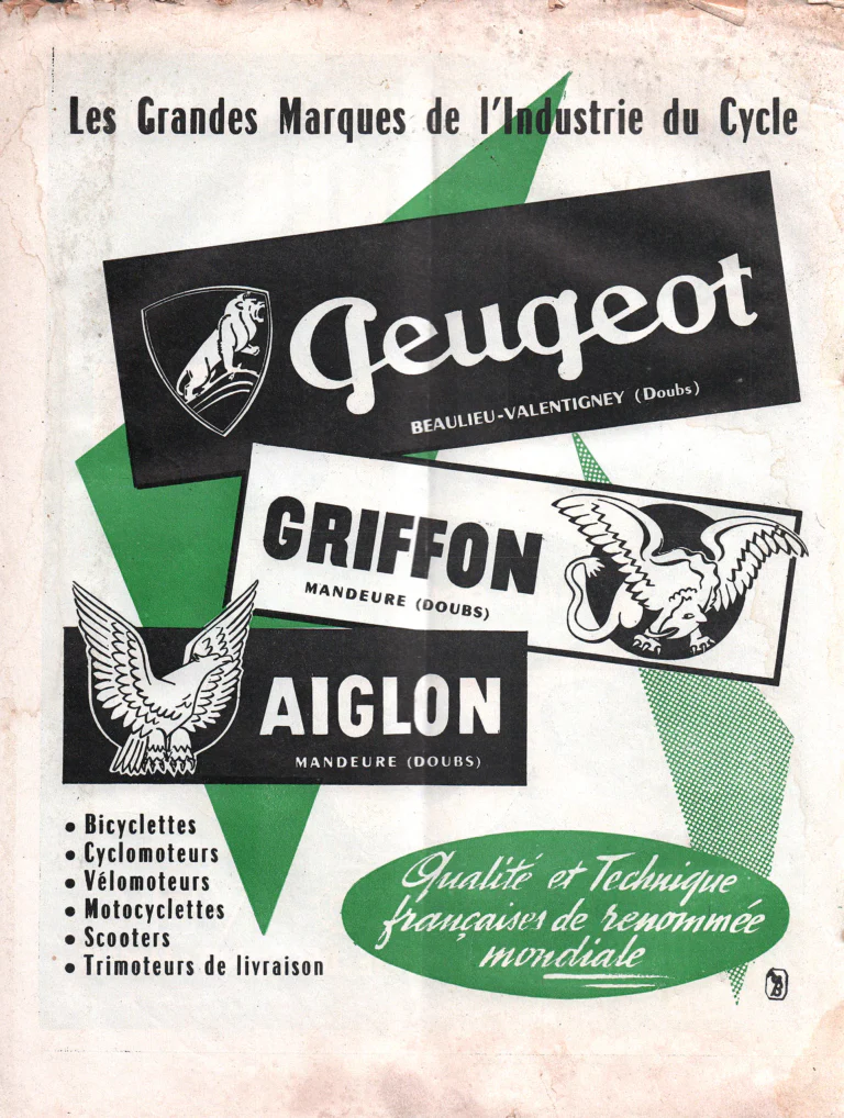 Peugeot July 1957 Advertisement — Peugeot, Griffon and Aiglon, the Great Makes of the Cycle Industry — page 1 of 1