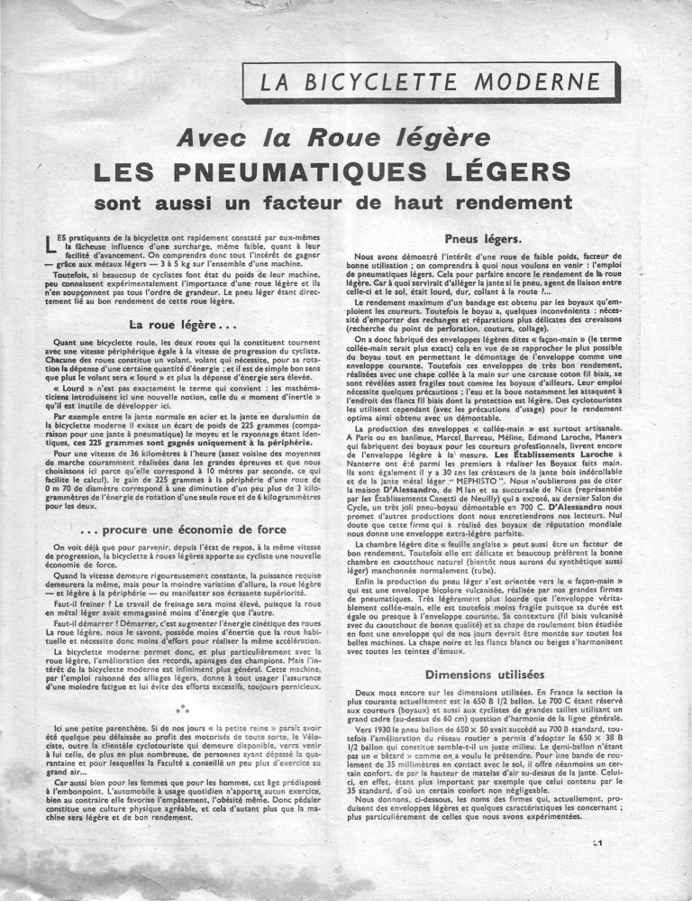 Avec la roue légère, les pneumatiques légers — L'Officiel du cycle, 13 April 1957, by Marcel Vacher — page 1 of 2