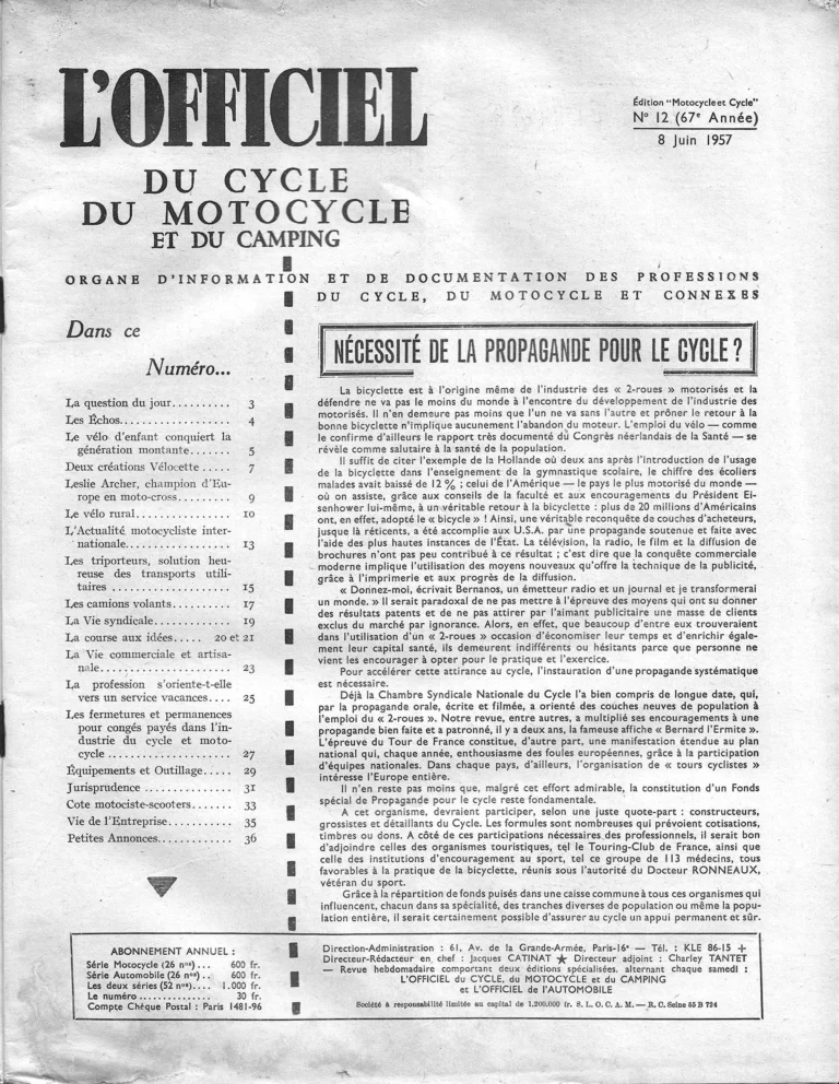 Nécessité de la propagande pour le cycle ? — L'Officiel du cycle, 8 June 1957 — page 1 of 1