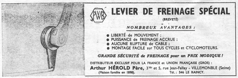 PWB 1957 Advertisement — A Patented Brake Lever, Distributed by Arthur Hérold — page 1 of 1