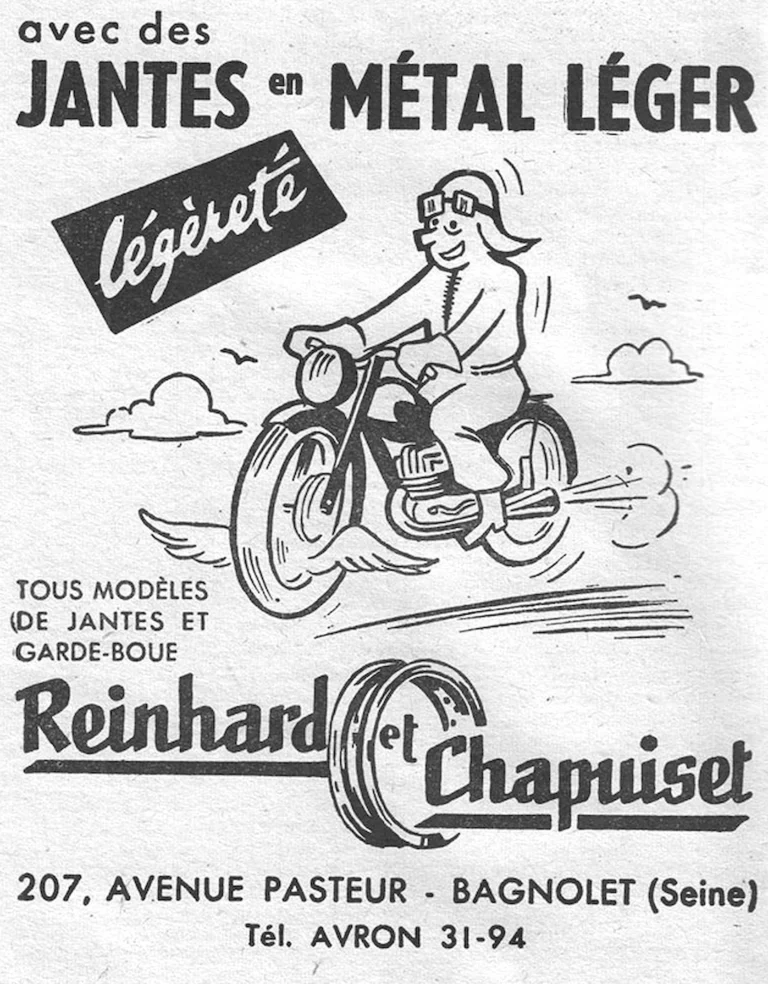 Reinhard et Chapuiset 1957 Advertisement — Light-Alloy Rims and Mudguards — page 1 of 1