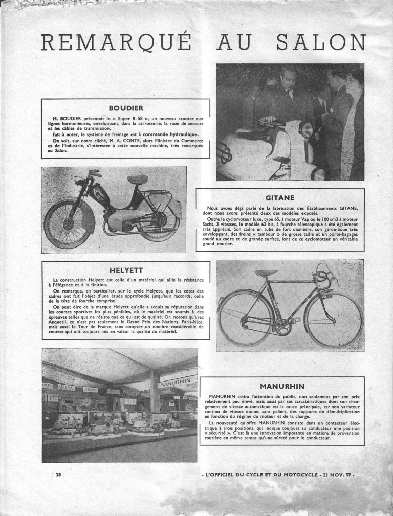 Remarqué au Salon — L'Officiel du cycle, 23 November 1957, Boudier, Gitane, Helyett, Manurhin and Others — page 1 of 3