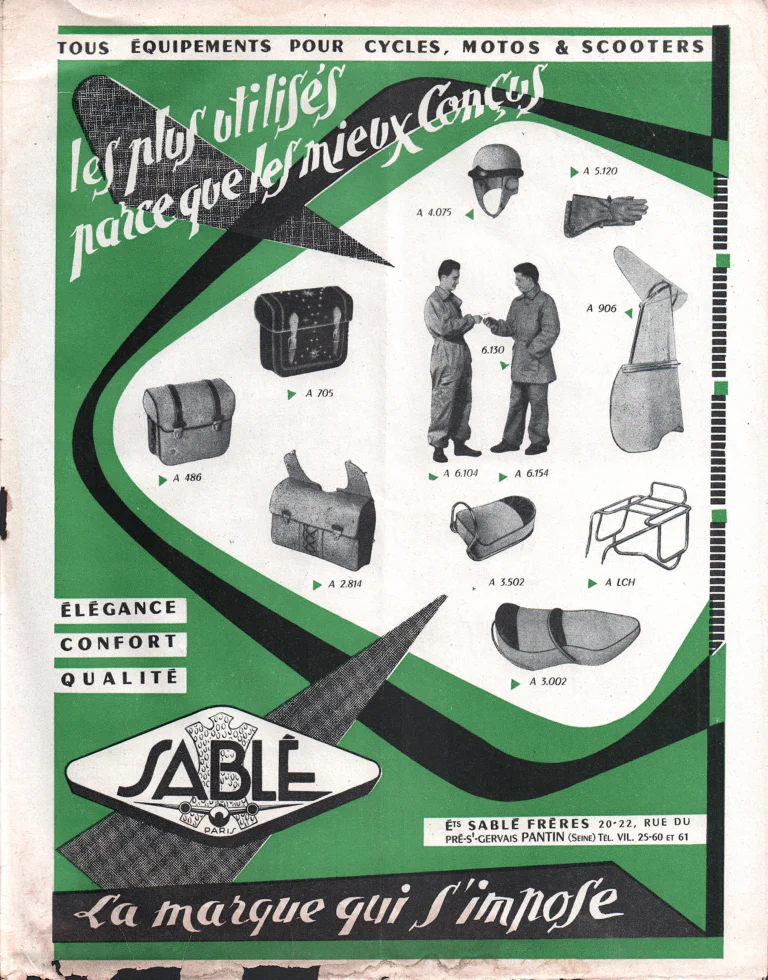 Sablé March 1957 Advertisement — All Equipment for Cycles, Motorcycles and Scooters — page 1 of 1