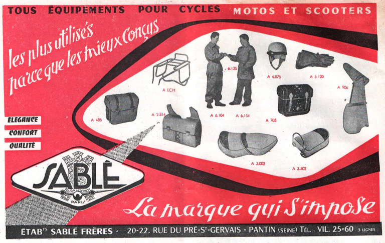 Sablé 1957 Advertisement — All Equipment for Cycles, Motorcycles and Scooters — page 1 of 1