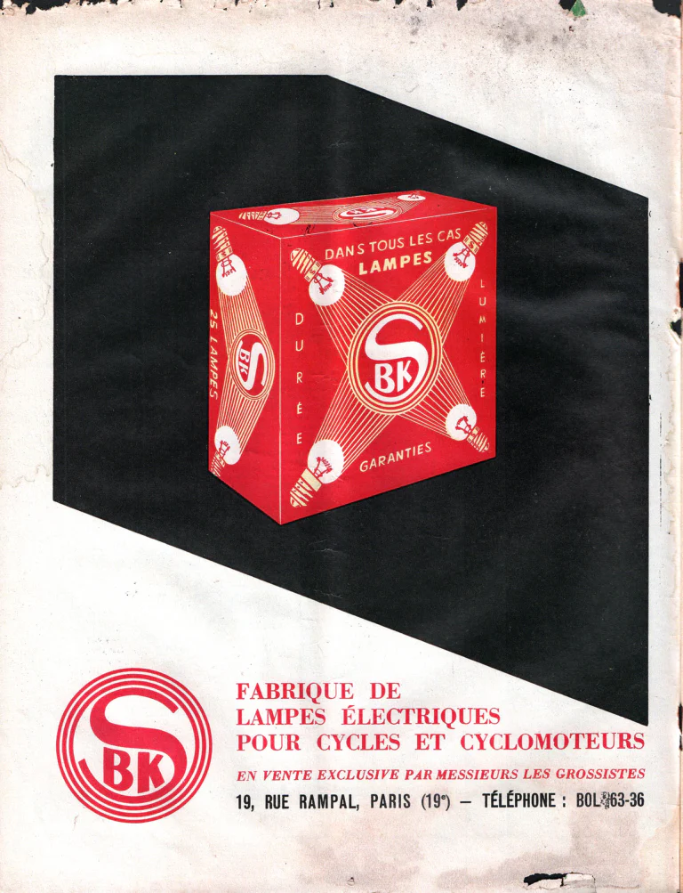 SBK July 1957 Advertisement — Electric Lamps for Cycles and Cyclomoteurs — page 1 of 1