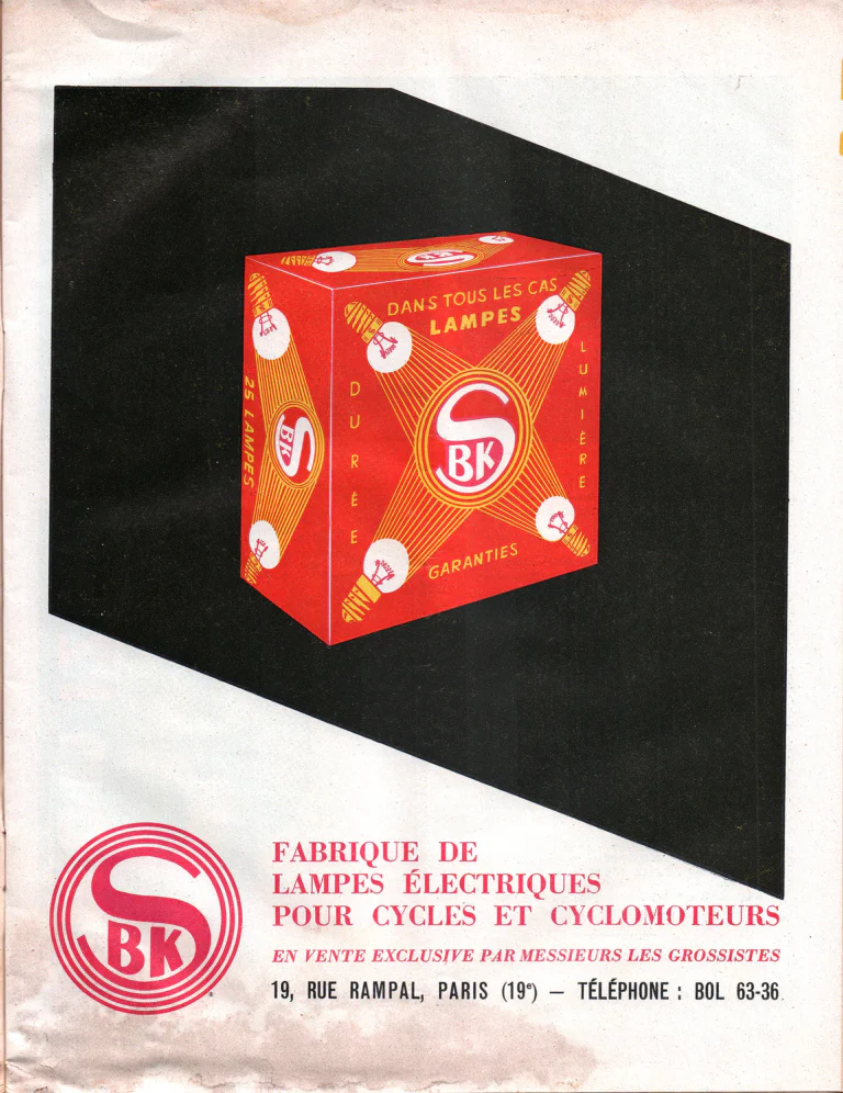 SBK 1957 Advertisement — Electric Lamps for Cycles and Cyclomoteurs — page 1 of 1