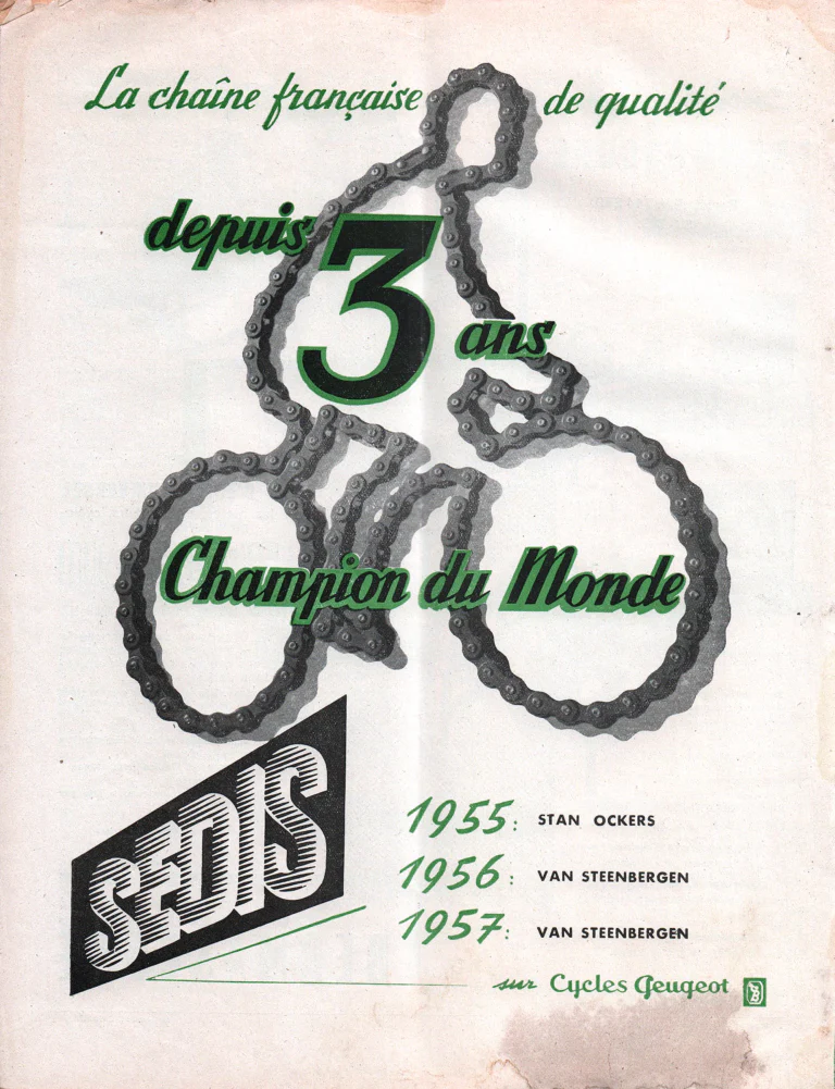 Sedis December 1957 Advertisement — Three Years World Champion, Ockers and Van Steenbergen on Peugeot — page 1 of 1