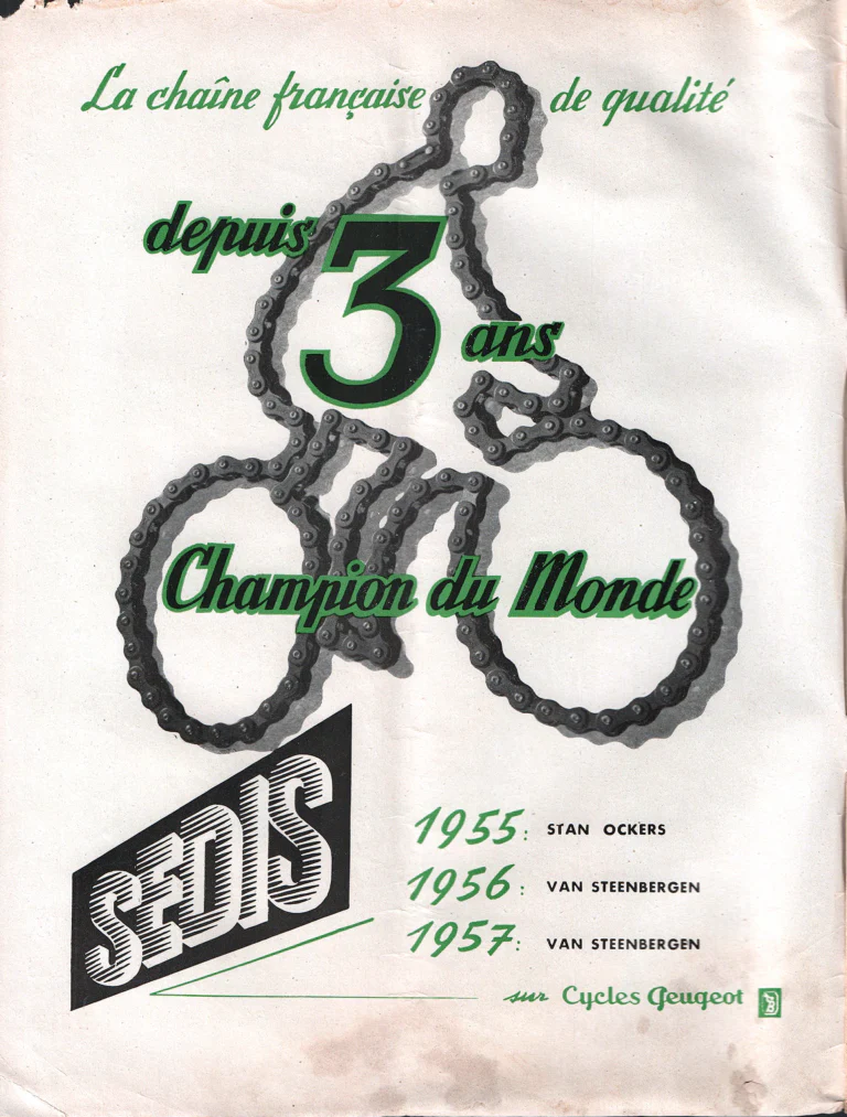 Sedis 1957 Advertisement — Three Years World Champion, Ockers and Van Steenbergen on Peugeot — page 1 of 1