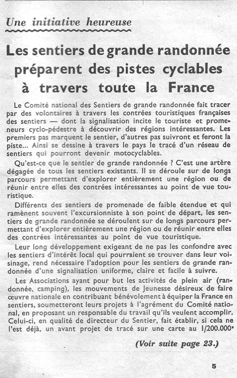 Les Sentiers de grande randonnée préparent des pistes cyclables à travers toute la France — L'Officiel du cycle, 6 July 1957 — page 1 of 2