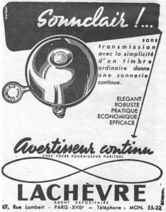 Sonnclair advertisement from L'Officiel du cycle, 6 July 1957, page 26: a shaded drawing of a large domed bicycle bell, its striker boss on top, its stem below and a round clamping ring on a short arm at the left lettered with the Sonnclair name, sits under a black banner that carries the script Sonnclair name.