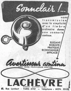 Sonnclair advertisement from L'Officiel du cycle, 23 November 1957, page 26: a shaded drawing of a large domed bicycle bell, its striker boss on top, its stem below and a round clamping ring on a short arm at the left lettered with the Sonnclair name, sits under a black banner that carries the script Sonnclair name.