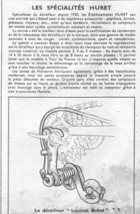 The note "Les spécialités Huret" with a drawing of the Louison Bobet derailleur, from L'Officiel du cycle, 30 March 1957.