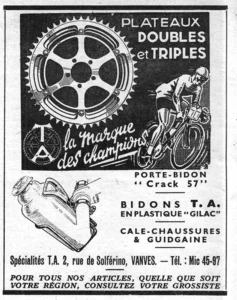 Spécialités TA advertisement from L'Officiel du cycle, 13 April 1957: a large five-arm chainring and a racing cyclist carrying two bottles on his handlebars are drawn in white on a black panel above a bottle in its handlebar cage, with the T.A.