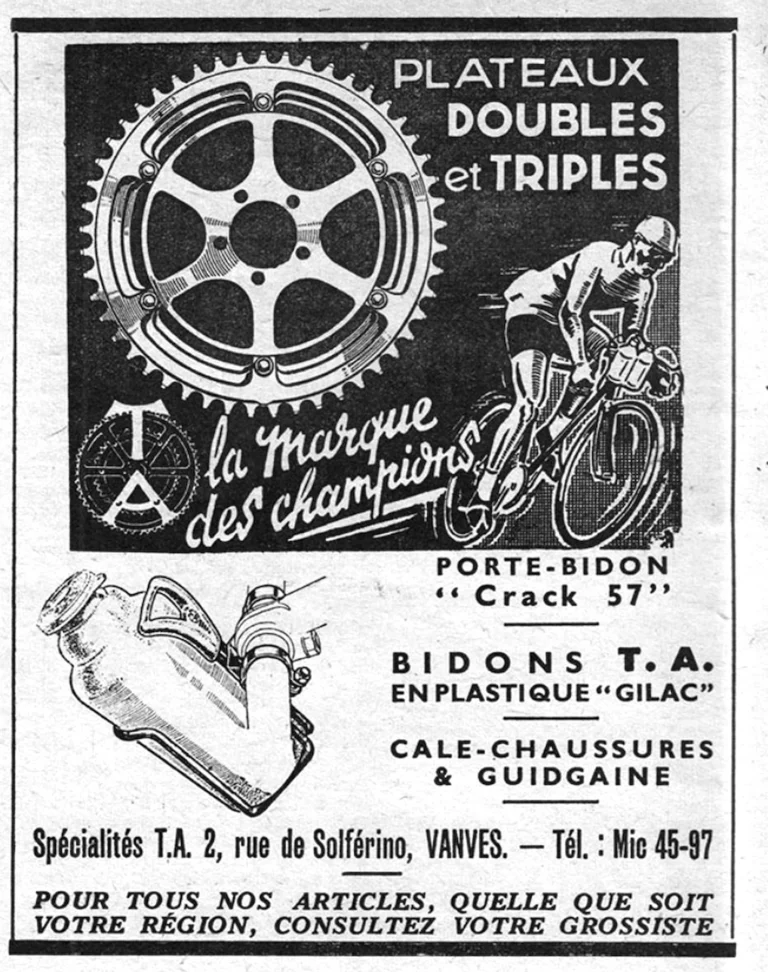 Spécialités TA April 1957 Advertisement — Double and Triple Chainrings and Gilac Plastic Bottles — page 1 of 1