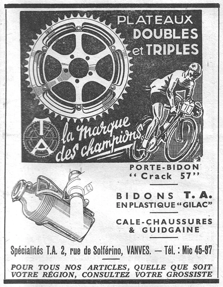 Spécialités TA 22 June 1957 Advertisement — Double and Triple Chainrings and Gilac Plastic Bottles — page 1 of 1