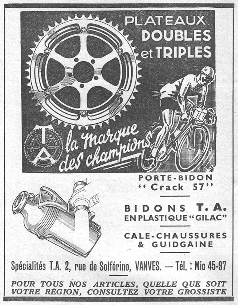 Spécialités TA June 1957 Advertisement — Double and Triple Chainrings and Gilac Plastic Bottles — page 1 of 1