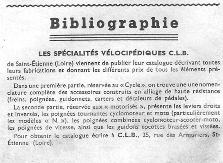 Les Spécialités vélocipédiques C.L.B., a New Catalog — L'Officiel du cycle, 6 July 1957 — page 1 of 1