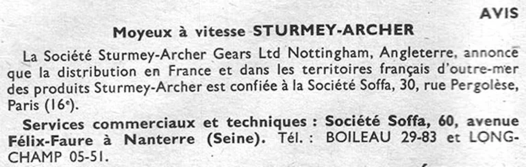 Moyeux à vitesse Sturmey-Archer — L'Officiel du cycle, 21 December 1957, Soffa Takes Over the French Distribution — page 1 of 1