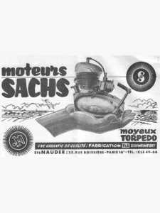 Torpedo advertisement from L'Officiel du cycle, 13 April 1957, page 22: a photograph of a Sachs two-stroke engine, with its finned cylinder, carburetor and kick-start lever, rests in a large drawn open hand stretched across a line drawing of rolling countryside with villages, trees and a church spire.
