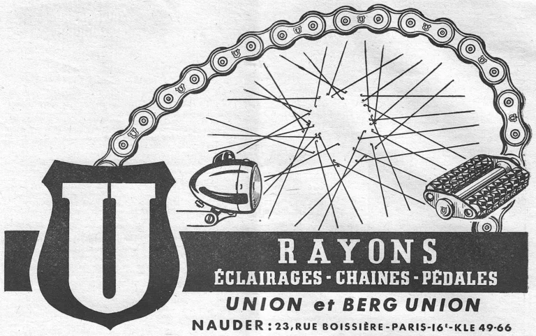 Union 1957 Advertisement — Union and Berg Union Spokes, Lighting, Chains and Pedals, from Nauder — page 1 of 1
