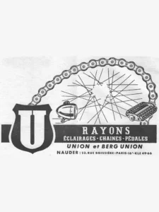 Union advertisement from L'Officiel du cycle, 30 March 1957, page 18: a large black shield bearing a white "U" stands at the lower left, and from its top a bicycle chain arches across the whole width of the advertisement and down to a rubber-block pedal at the right, framing a fan of loose wire spokes and a bullet-shaped bicycle headlamp on its bracket.